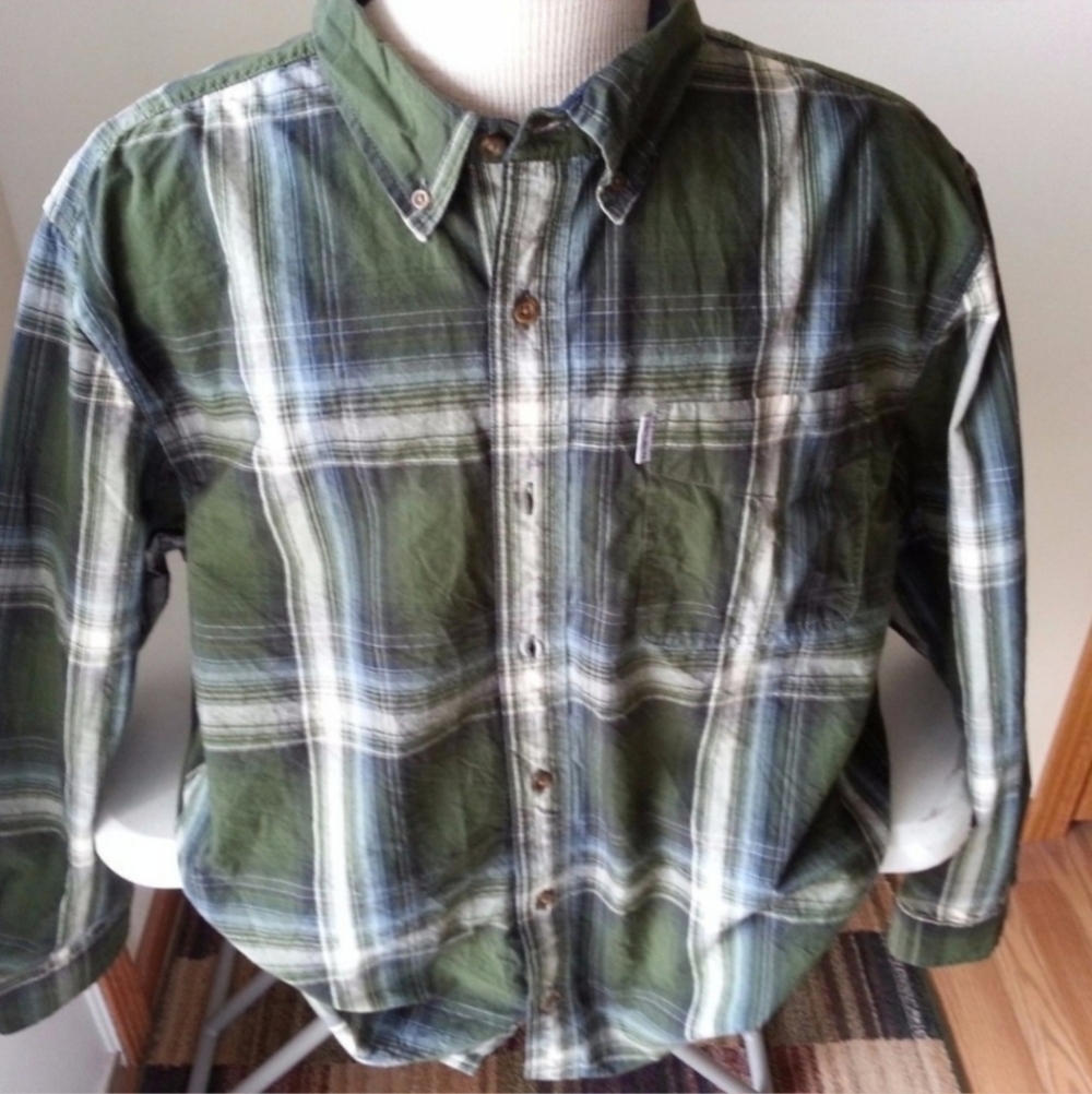 Carhartt Relaxed Fit Green Blue White Plaid Button Shirt Men's Medium M EUC